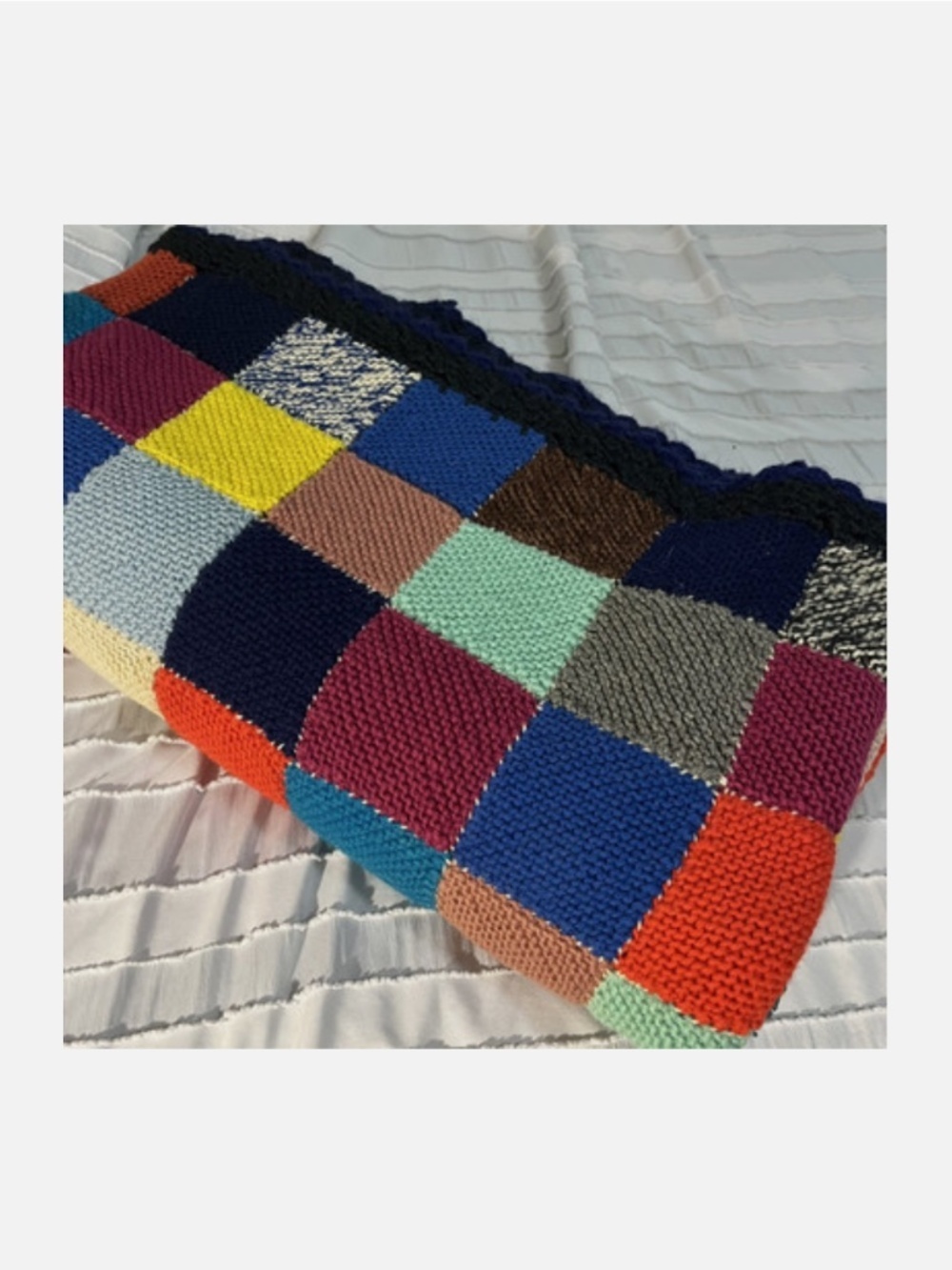 Vtg Large Hand Knit Colorful Crotchet Small Granny Squared Afghan Blanket 80x50 - Picture 2 of 7